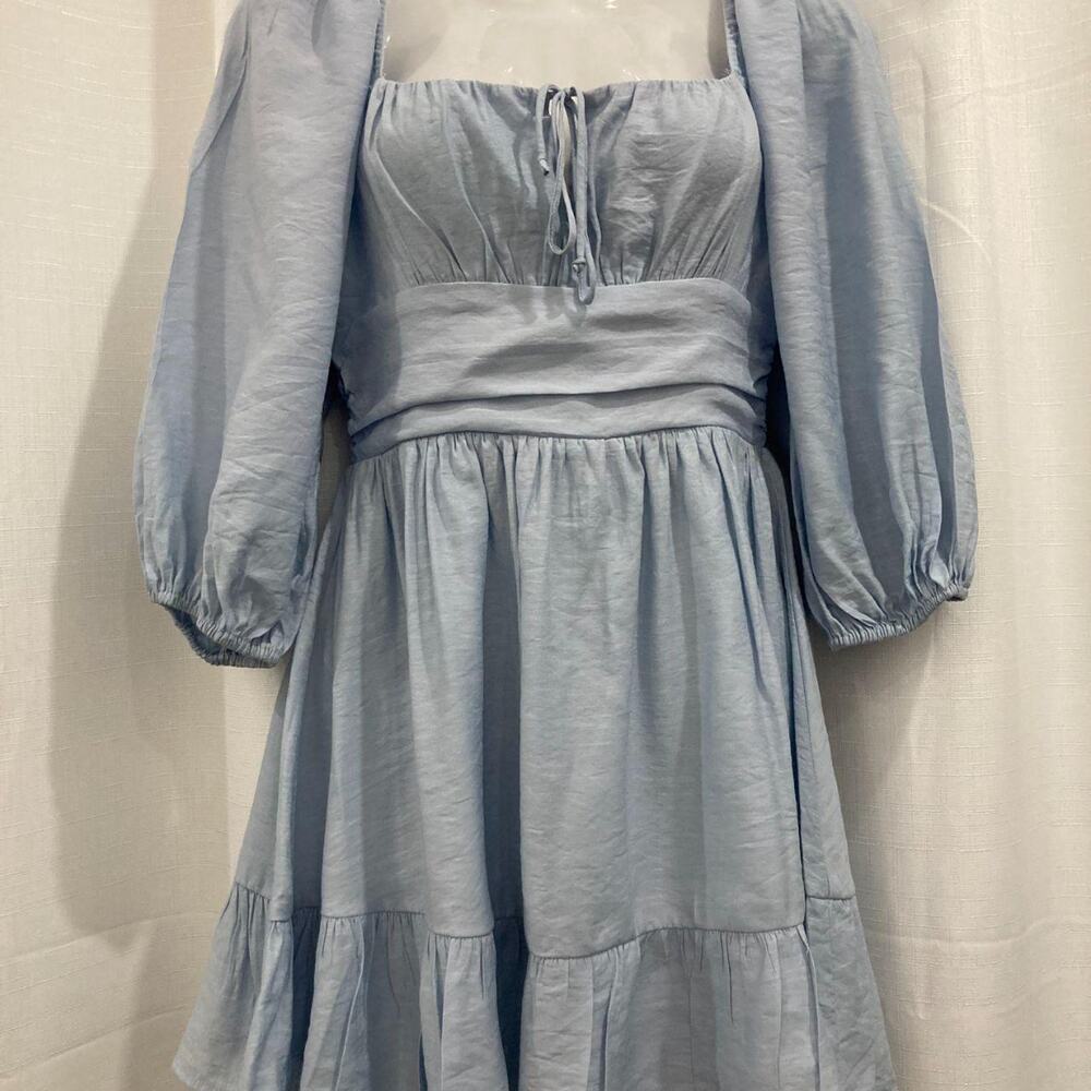 Cotton Candy LA Puff Sleeve Milkmaid Ruffle Mini Dress, Light Blue, Size S
